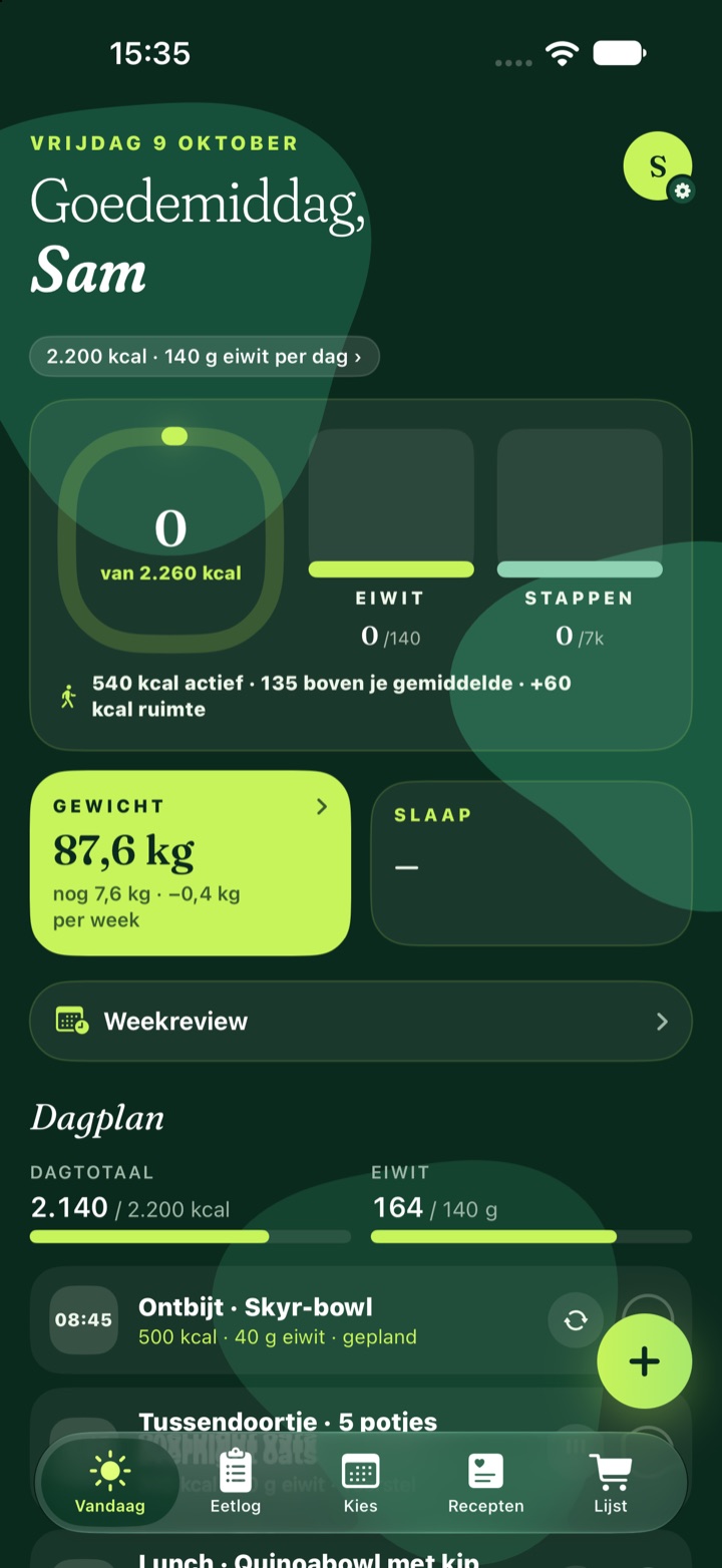 Het Vandaag-scherm met de calorie-ring en het dagplan